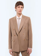 Veste de costume croisée en laine rayée Camel